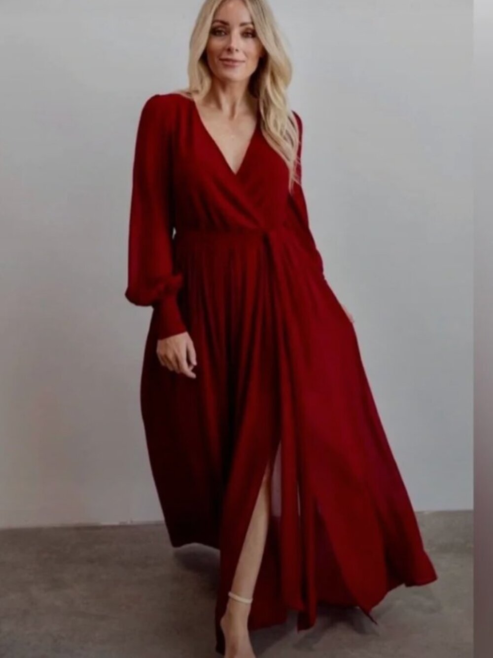 Baltic Born Dress Maxi Long Faux Wrap Formal Long Sleeve V Neck Lined Red Small